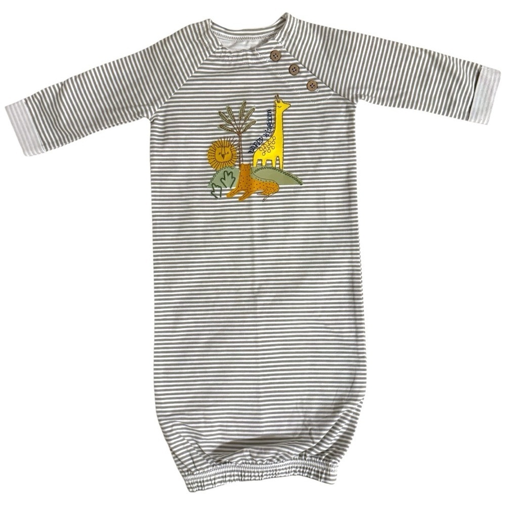 Baby Gown Gray White Stripe Jungle Animal Appliqué Happy Kingdom 0-3M NWOT